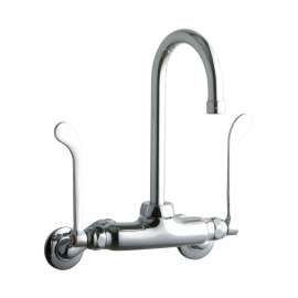 Foodservice 3-8" Adjustable Centers Wall Mount Faucet W/5" Gooseneck Spout 6" Wristblade Handles 2" Inlet, LK945GN05T6T