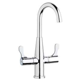 Single Hole Deck Mount Faucet With Gooseneck Spout Twin Lever Handles Chrome, LKD2223C