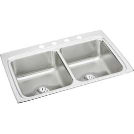 Lustertone Classic Stainless Steel 33" X 22" X 8-1/8" 4-Hole Equal Double Bowl Drop-In Sink With Perfect Drain(R), LR3322PD4