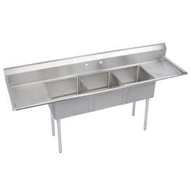 Dependabilt Ss 90" X 23-13/16" X 43-3/4" 18 Gauge Three Compartment 14" Deep Sink W/18" L&R Drainboards + Ss Legs, S3C18X18-2-18X