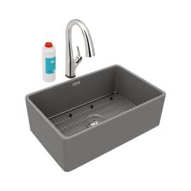 Fireclay 30" X 19-15/16" X 9-1/8" Single Bowl Farmhouse Sink Kit With Filtered Faucet Matte Gray, SWUF28179MGFLC