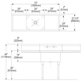 Weldbilt Stainless Steel 72" X 27-1/2" X 14" Floor Mount Single Compartment Scullery 1-Hole Sink W/L&R Drainboards, WNSF8124LR1