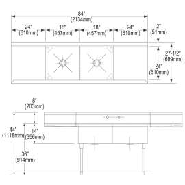 Weldbilt Stainless Steel 84" X 27-1/2" X 14" Floor Mount Double Compartment 4-Hole Scullery Sink W/L&R Drainboards, WNSF8236LR4