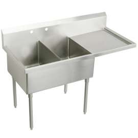 Weldbilt Stainless Steel 73-1/2" X 27-1/2" X 14" Floor Mount Double Compartment Scullery 2-Hole Sink W/Right Drainboard, WNSF8248R2
