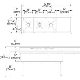 Weldbilt Stainless Steel 70-1/2" X 27-1/2" X 14" Floor Mount Triple Compartment 2-Hole Scullery Sink W/Right Drainboard, WNSF8345R2