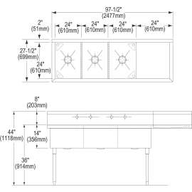Weldbilt Stainless Steel 97-1/2" X 27-1/2" X 14" Floor Mount Triple Compartment Scullery Sink With Right Drainboard, WNSF8372R2