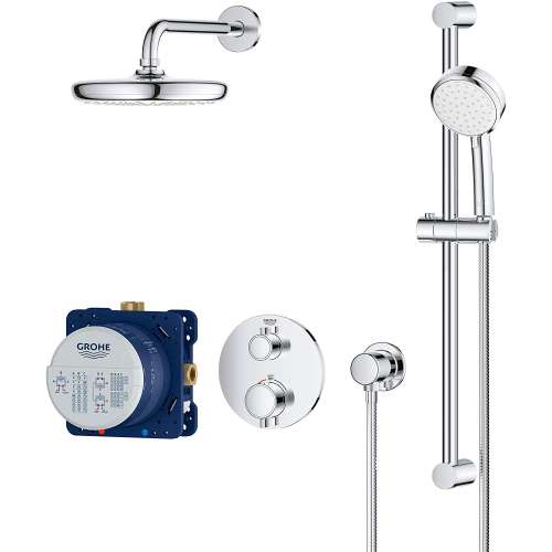 34745000 Grohtherm Thermostatic Shower System with Shower Head, Hand Shower, Slide Bar, Hose, and Valve Trim in StarLight Chrome Finish