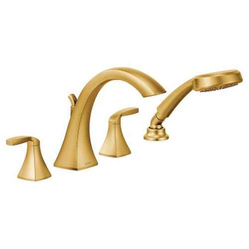 Two-Handle High Arc Roman Tub Faucet with Hand Shower in Brushed Gold