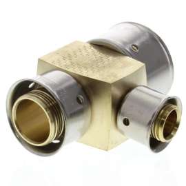 1-1/4in x 1in x 3/4in PEX Press Zero Lead Bronze Reducing Tee with Attached Sleeve