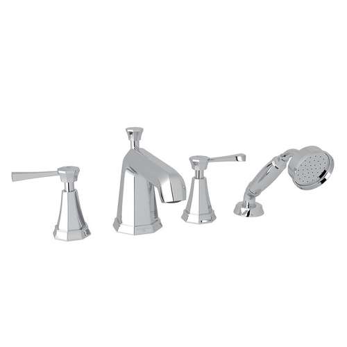 4-Hole Deck Mount Tub Filler with Metal Lever Handshower in Polished Chrome