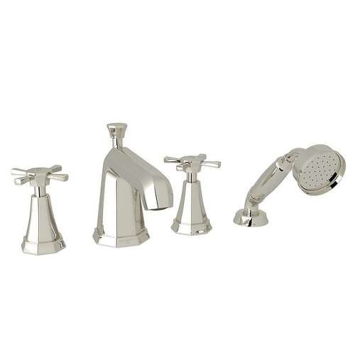 4-Hole Deck Mount Tub Filler with Cross Handle Handshower in Polished Nickel