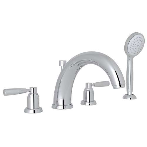 4-Hole Deck Mount Modified C-Spout Bathtub Filler with Metal Lever Handshower in Polished Chrome