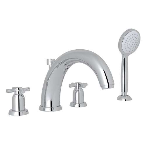 4-Hole Deck Mount Modified C-Spout Bathtub Filler with Cross Handle Handshower in Polished Chrome