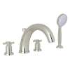 4-Hole Deck Mount Modified C-Spout Bathtub Filler with Cross Handle Handshower in Polished Nickel