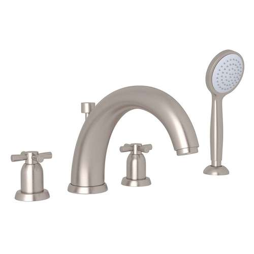 4-Hole Deck Mount Modified C-Spout Bathtub Filler with Cross Handle Handshower in Satin Nickel