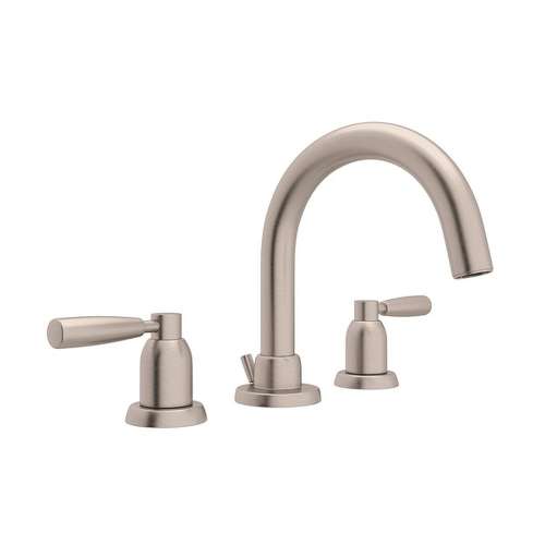 3-Hole Tubular C-Spout Widespread Lavatory Faucet with Metal Lever in Satin Nickel