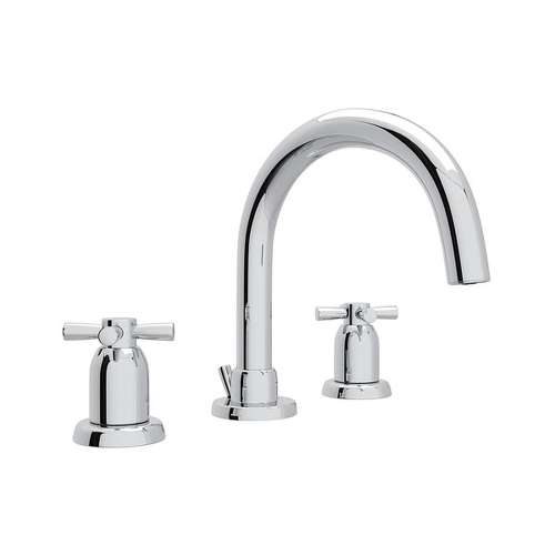 3-Hole Tubular C-Spout Widespread Lavatory Faucet with Cross Handle in Polished Chrome
