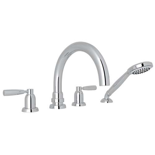 4-Hole Deck Mount Tubular C-Spout Bathtub Filler with Metal Lever Handshower in Polished Chrome