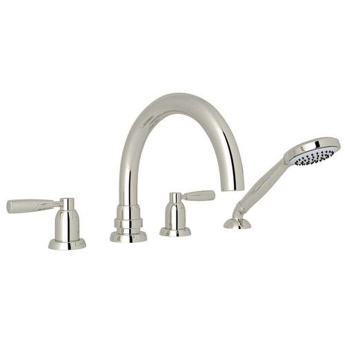 4-Hole Deck Mount Tubular C-Spout Bathtub Filler with Metal Lever Handshower in Polished Nickel