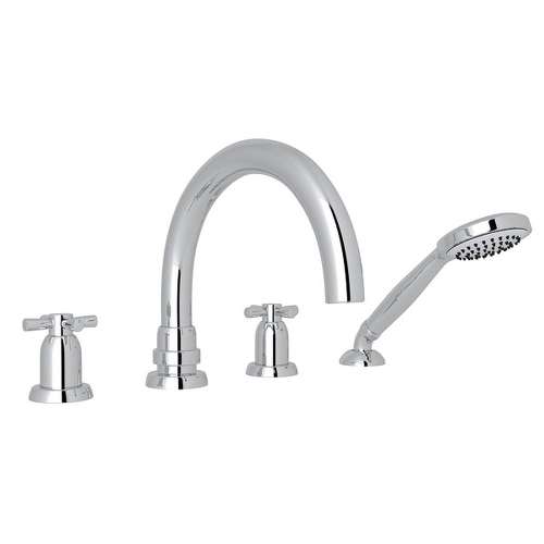 4-Hole Deck Mount Tubular C-Spout Bathtub Filler with Cross Handle Handshower in Polished Chrome
