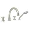4-Hole Deck Mount Tubular C-Spout Bathtub Filler with Cross Handle Handshower in Polished Nickel