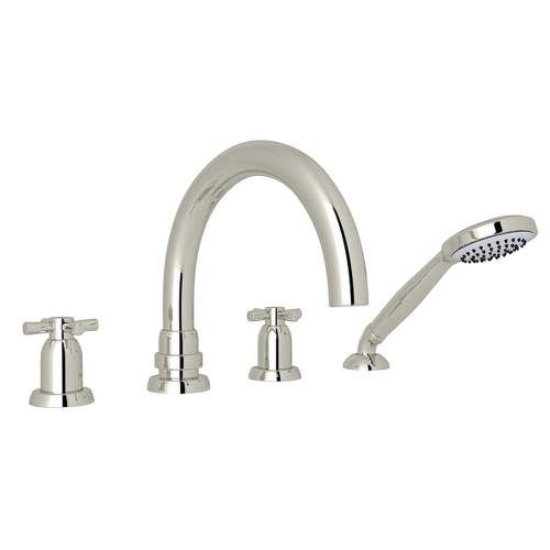 4-Hole Deck Mount Tubular C-Spout Bathtub Filler with Cross Handle Handshower in Polished Nickel