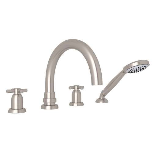4-Hole Deck Mount Tubular C-Spout Bathtub Filler with Cross Handle Handshower in Satin Nickel