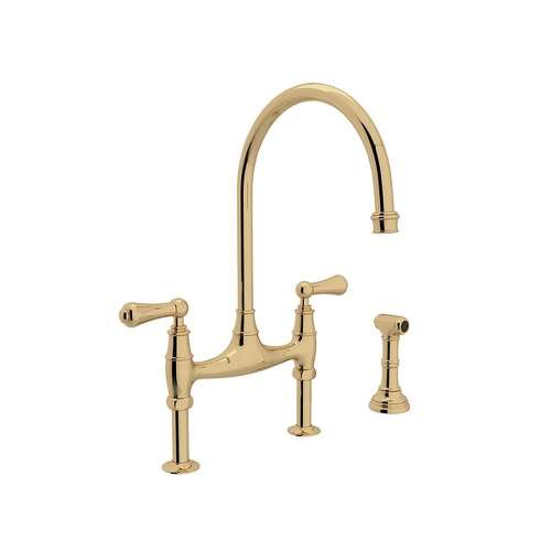 Georgian Era Bridge Kitchen Faucet With Sidespray And Metal Alsace Levers In Unlacquered Brass