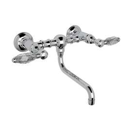 Wall Mount Bridge Lavatory Faucet with Crystal Levers and Low Swinging Spout