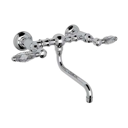 Wall Mount Bridge Lavatory Faucet with Crystal Levers and Low Swinging Spout in Polished Chrome
