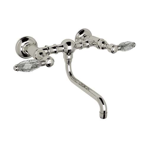 Wall Mount Bridge Lavatory Faucet with Crystal Levers and Low Swinging Spout in Polished Nickel