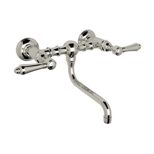 Wall Mount Bridge Lavatory Faucet with Metal Levers and Low Swinging Spout in Polished Nickel