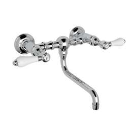 Wall Mount Bridge Lavatory Faucet with Porcelain Levers and Low Swinging Spout