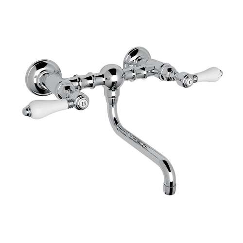 Wall Mount Bridge Lavatory Faucet with Porcelain Levers and Low Swinging Spout in Polished Chrome