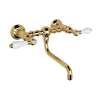 Wall Mount Bridge Lavatory Faucet with Porcelain Levers and Low Swinging Spout in Italian Brass