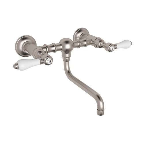 Wall Mount Bridge Lavatory Faucet with Porcelain Levers and Low Swinging Spout in Satin Nickel