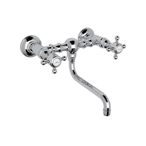 Wall Mount Bridge Lavatory Faucet with Crystal Cross Handles and Low Swinging Spout in Polished Chrome