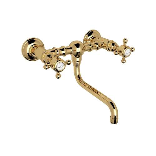 Wall Mount Bridge Lavatory Faucet with Crystal Cross Handles and Low Swinging Spout in Italian Brass