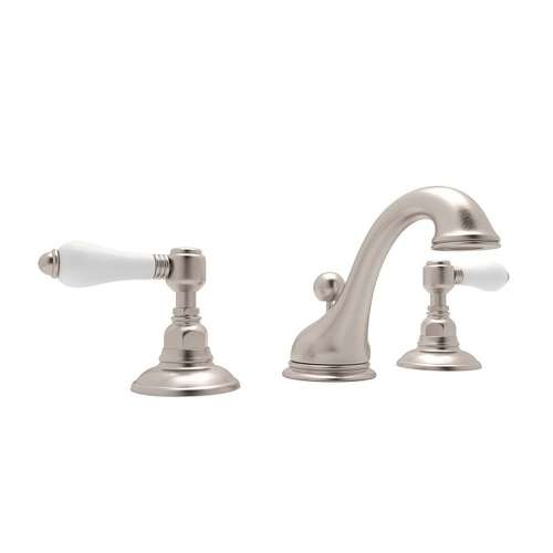 C-Spout Widespread Lavatory Faucet with Porcelain Lever Pop-Up in Satin Nickel