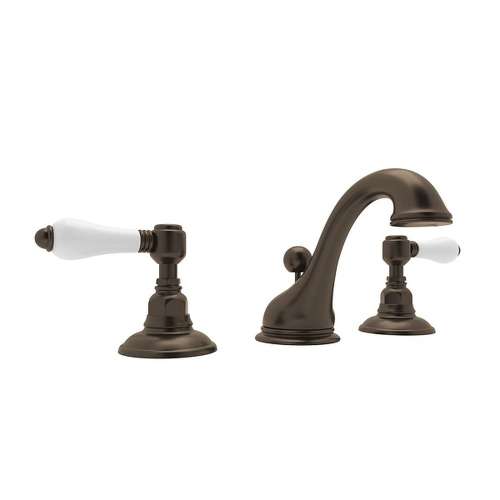 C-Spout Widespread Lavatory Faucet with Porcelain Lever Pop-Up in Tuscan Brass