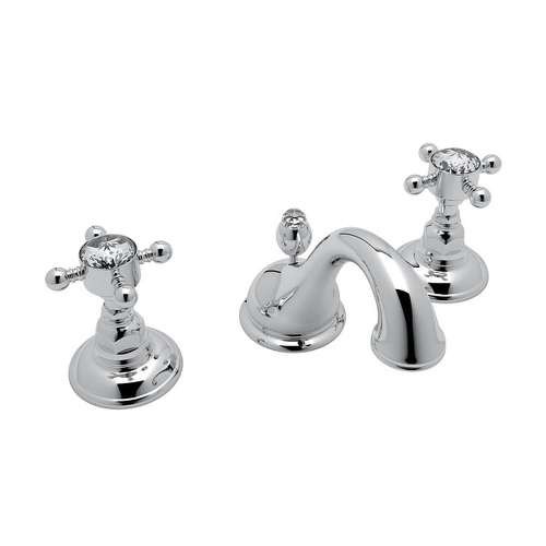 C-Spout Widespread Lavatory Faucet with Crystal Cross Handles Pop-Up in Polished Chrome