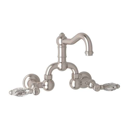 Wall Mount Bridge Lavatory Faucet with Crystal Levers Pop-Up and Column Spout in Satin Nickel