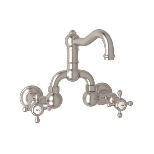 Wall Mount Bridge Lavatory Faucet with Cross Handles Pop-Up and Column Spout in Satin Nickel