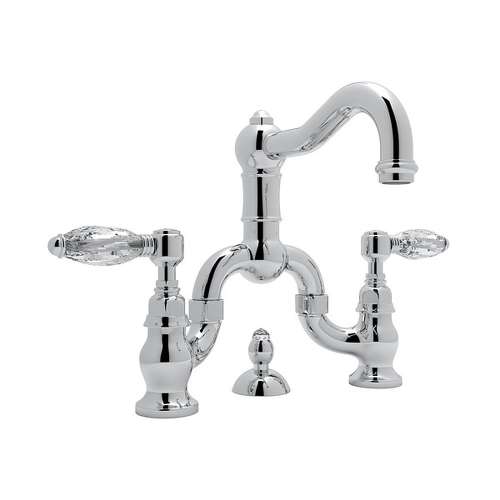 Deck Mount Bridge Lavatory Faucet with Crystal Levers Pop-Up and Column Spout