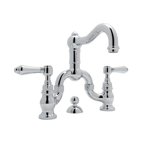 Deck Mount Bridge Lavatory Faucet with Metal Levers Pop-Up and Column Spout in Polished Chrome