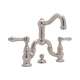 Deck Mount Bridge Lavatory Faucet with Metal Levers Pop-Up and Column Spout in Satin Nickel