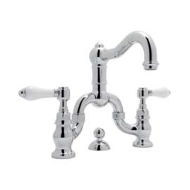 Deck Mount Bridge Lavatory Faucet with Porcelain Levers Pop-Up and Column Spout