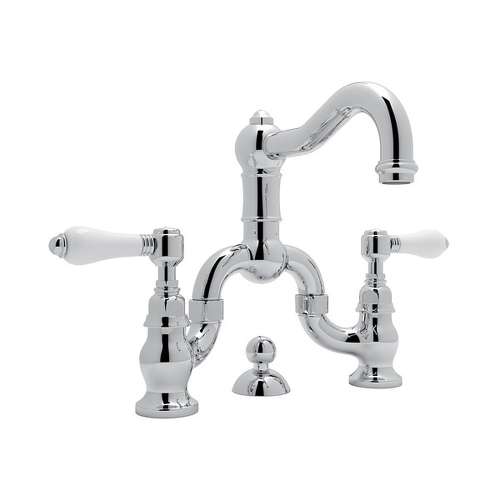 Deck Mount Bridge Lavatory Faucet with Porcelain Levers Pop-Up and Column Spout in Polished Chrome