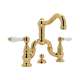 Deck Mount Bridge Lavatory Faucet with Porcelain Levers Pop-Up and Column Spout in Italian Brass