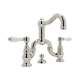 Deck Mount Bridge Lavatory Faucet with Porcelain Levers Pop-Up and Column Spout in Polished Nickel